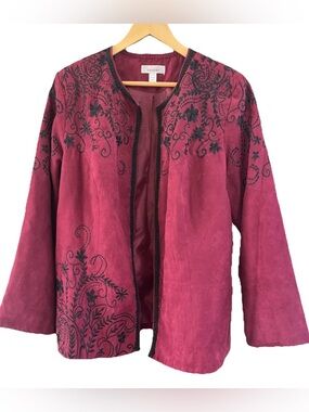 Dressbarn Woman Faux Suede Embroidered Open Front Jacket Burgundy Plum 14 / 16